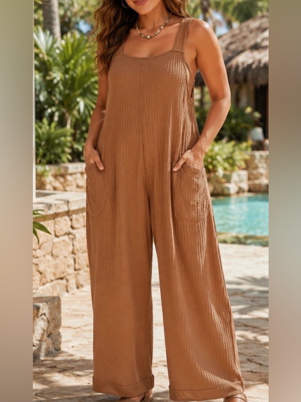 Zenana~ Casual Wide-Leg Waffle Knit Overalls Brown M (Brand New Without Tag)